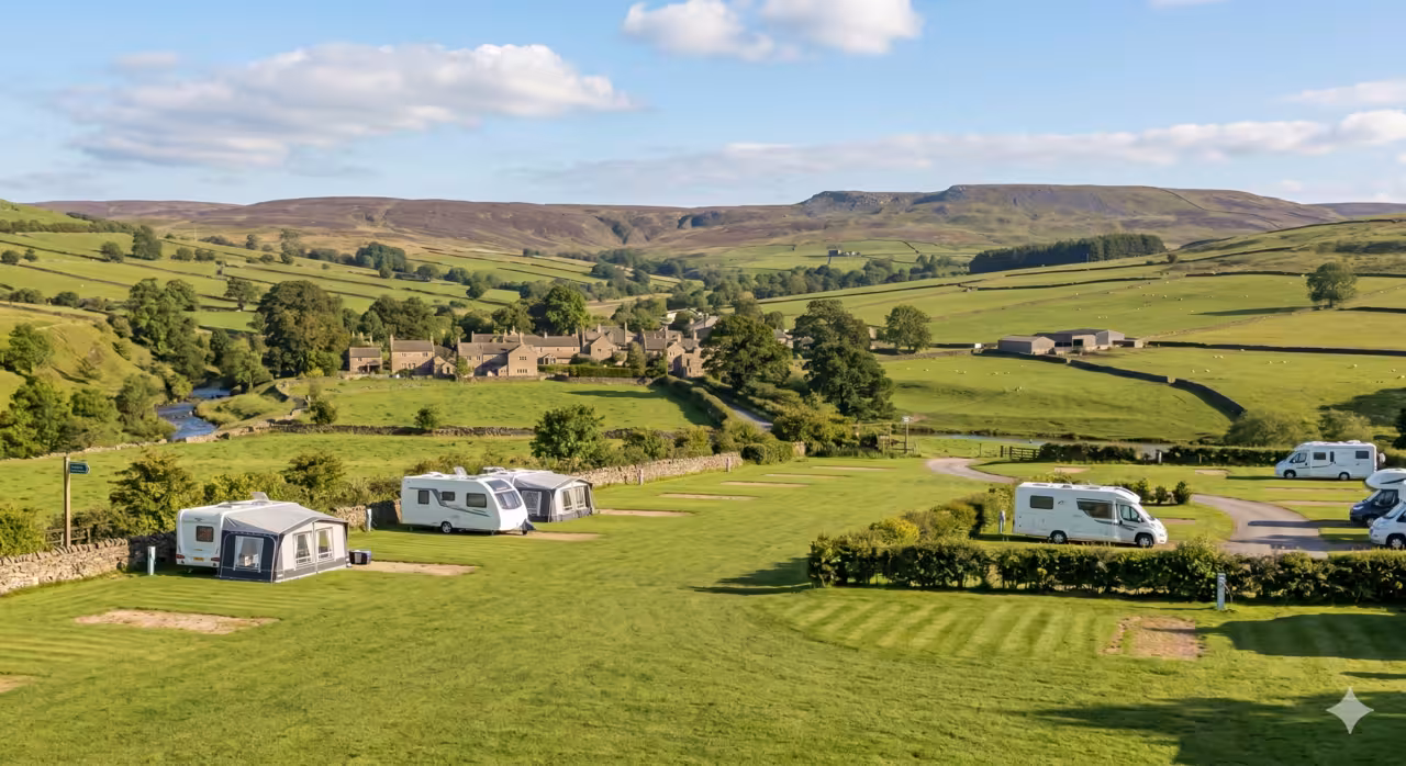 A calm British countryside holiday park setting